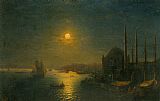Bosphorus Canvas Paintings - A Moonlit View of the Bosphorus